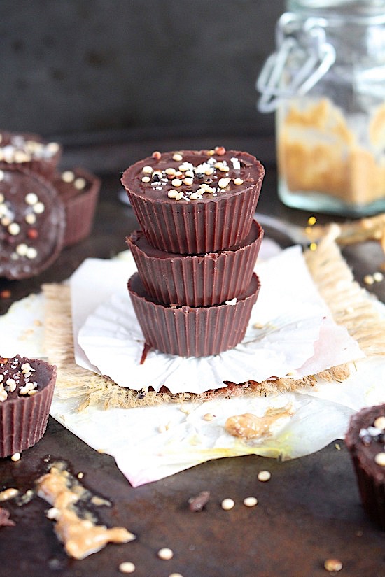 Salted Dark Chocolate Almond Butter Cups with Crispy Quinoa {Sugar Free, Gluten Free, Dairy Free, Vegan, Keto & Paleo Friendly} - www.betterwithcake.com