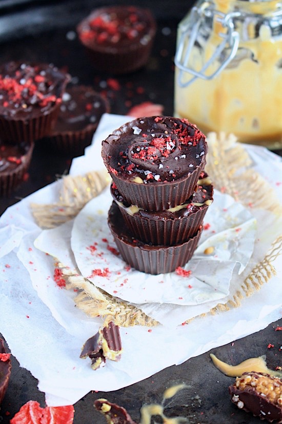 Healthy, DIY - 3 Ingredient, Dark Chocolate PB&J Cups {Refined Sugar Free, Gluten Free, Dairy Free, Vegan, Keto & Paleo Friendly} - www.betterwithcake.com