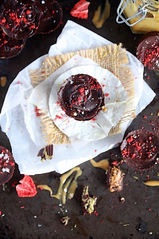 Healthy, DIY - 3 Ingredient, Dark Chocolate PB&J Cups {Refined Sugar Free, Gluten Free, Dairy Free, Vegan, Keto & Paleo Friendly} - www.betterwithcake.com
