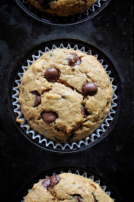 {Sugar Free} Peanut Butter Choc Chip Banana Muffins - Gluten Free - Dairy Free - Grain Free - Paleo - Vegan Friendly - www.betterwithcake.com