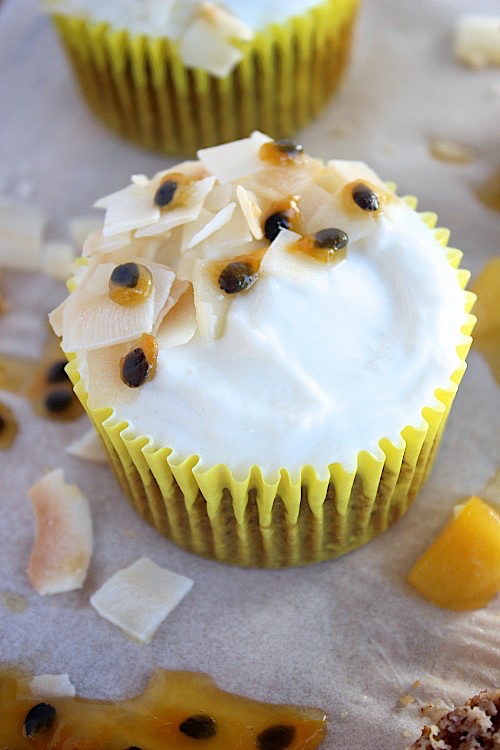 Mango and Passionfruit Muffins with Coconut Yogurt Frosting - {Gluten Free, Grain Free & Paleo Friendly} - www.betterwithcake.com
