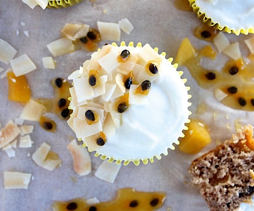 Mango and Passionfruit Muffins with Coconut Yogurt Frosting - {Gluten Free, Grain Free & Paleo Friendly} - www.betterwithcake.com