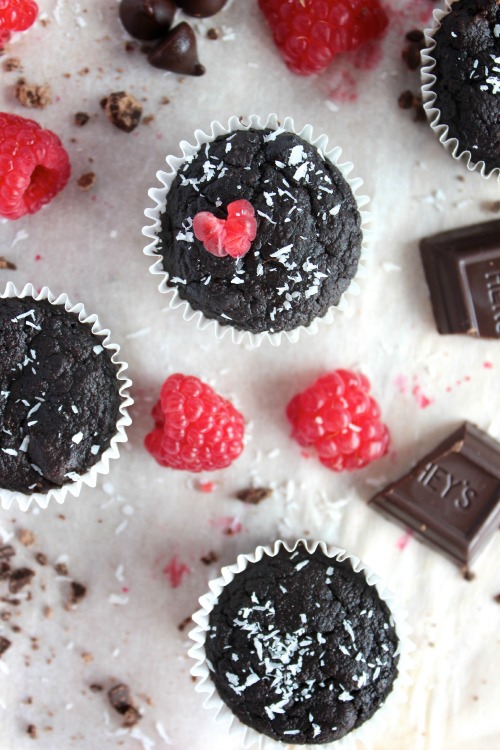 Double Chocolate Raspberry Coconut Fudge Muffins {Low carb, Grain free & Paleo Friendly}