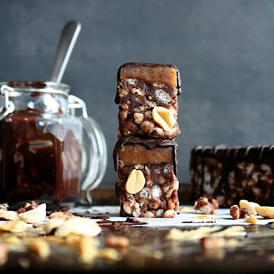 Caramel Choc Fudge Peanut Butter Crunch Bars