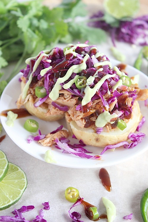 BBQ Chicken Green Chili Loaded Baked Potatoes {Gluten Free & Paleo Friendly} - www.betterwithcake.com